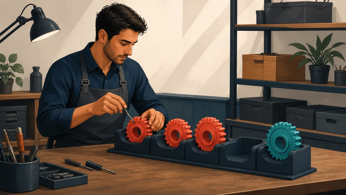 A professional finishes coral gears while one teal gear remains visible in the next fitted queue slot