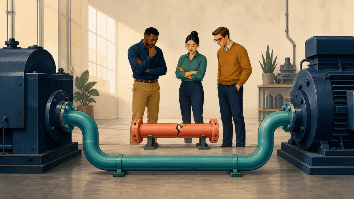 Three professionals inspect a cracked coral pipe segment beside a complete teal bypass connecting two machines