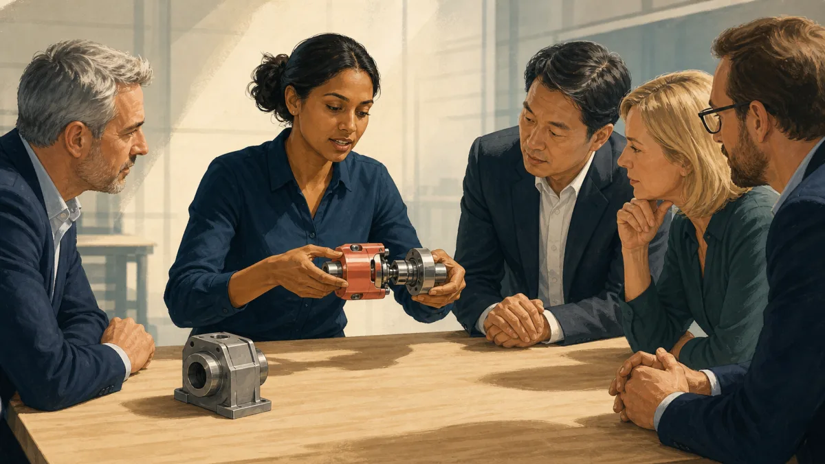 A professional demonstrates a mechanical component she built to a group of senior colleagues