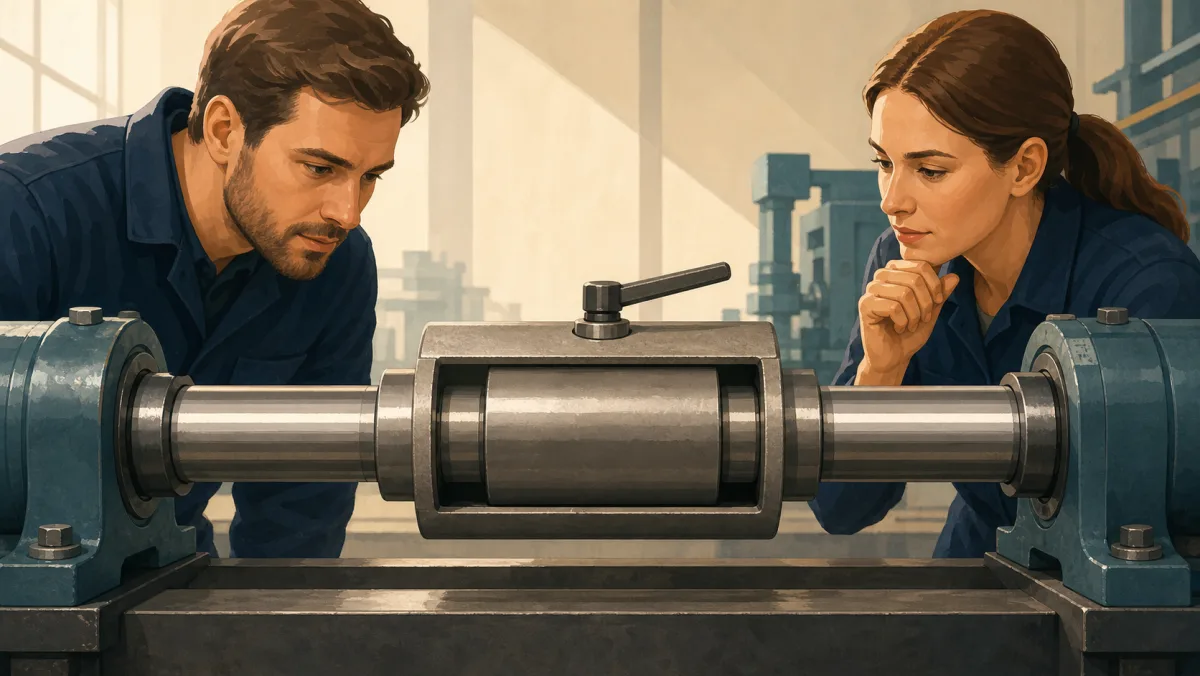 Two professionals inspect an adjustable coupling centered between fixed machine shafts