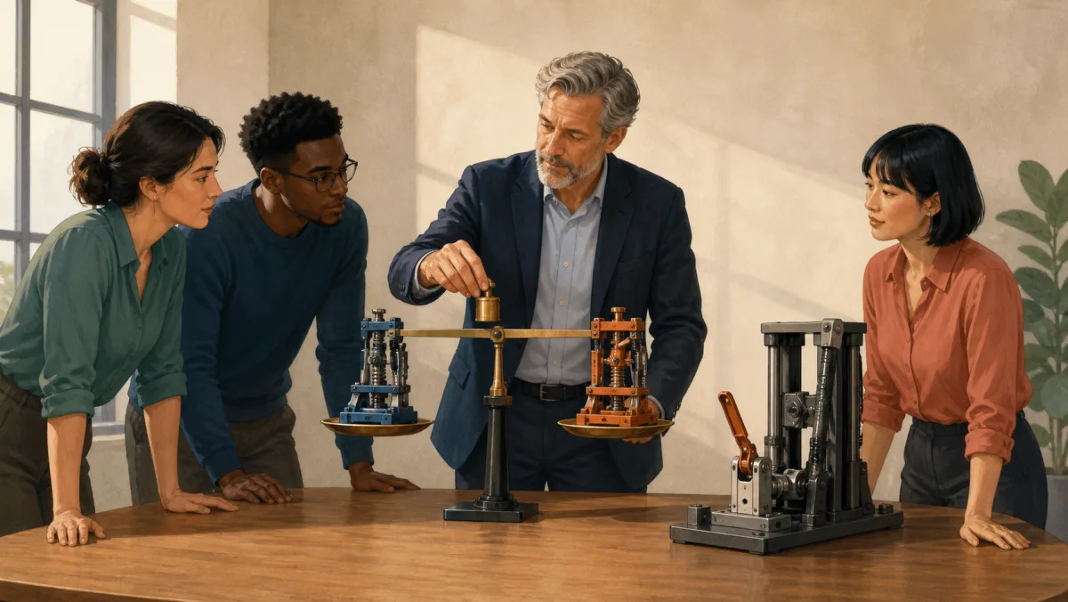 A senior professional adds a counterweight while a project team compares two mechanical prototypes