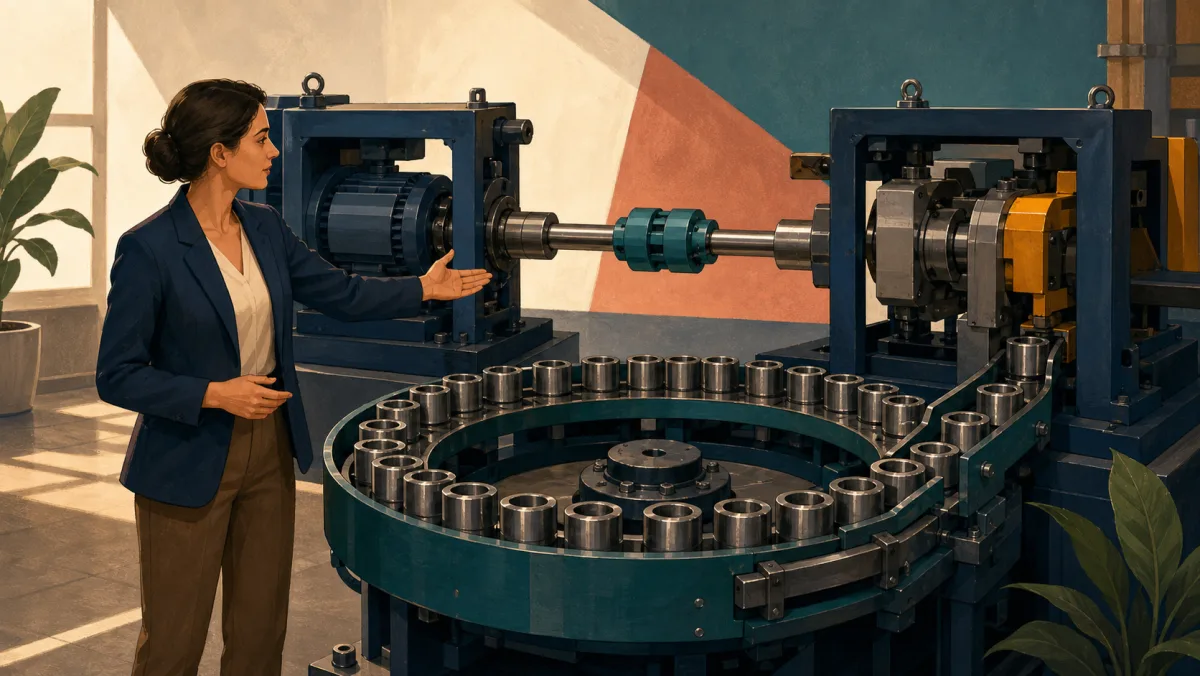 A pre-aligned coupling and loaded buffer carousel keep components moving between two machines