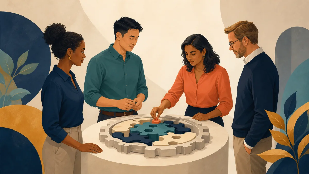 A professional adds one small component to a shared mechanism as three colleagues pause and listen