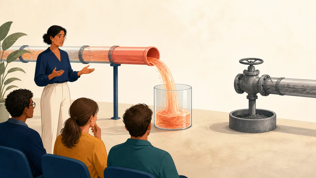A speaker presents a flowing coral pipe while a separate gray pipe remains closed over its own catch basin