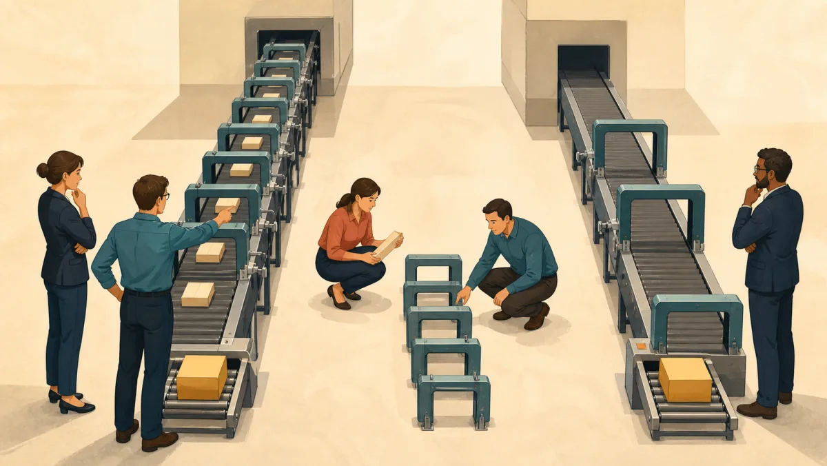 A product team compares a seven-gate conveyor with a three-gate route reaching the same package output