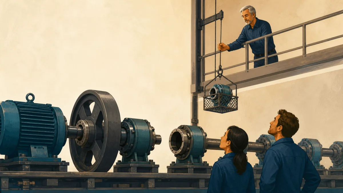 A senior professional lowers the exact coupling needed to reconnect a stalled production line