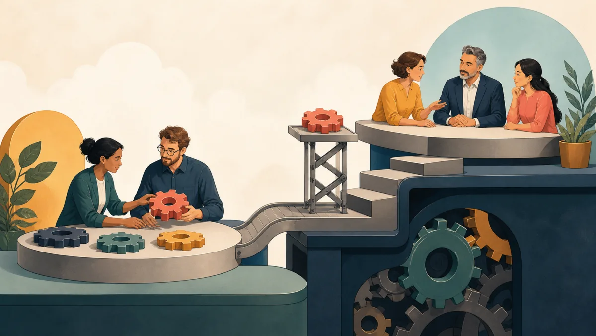 A neutral lift carries one unresolved gear from a working team to colleagues at the next decision level