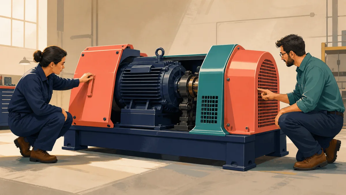 Two professionals inspect three colorful replacement housings around an unchanged navy motor