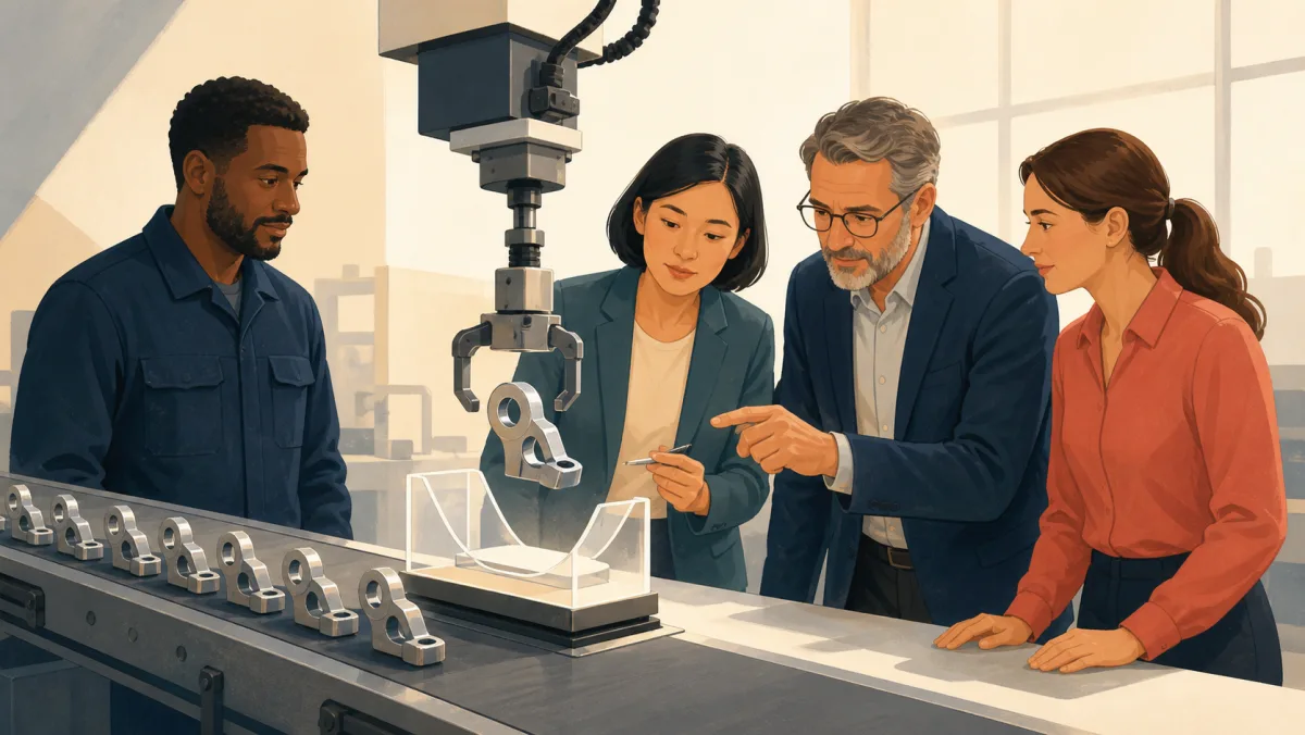 A standard sampling mechanism lifts one unusual component into an inspection cradle as the whole group examines it