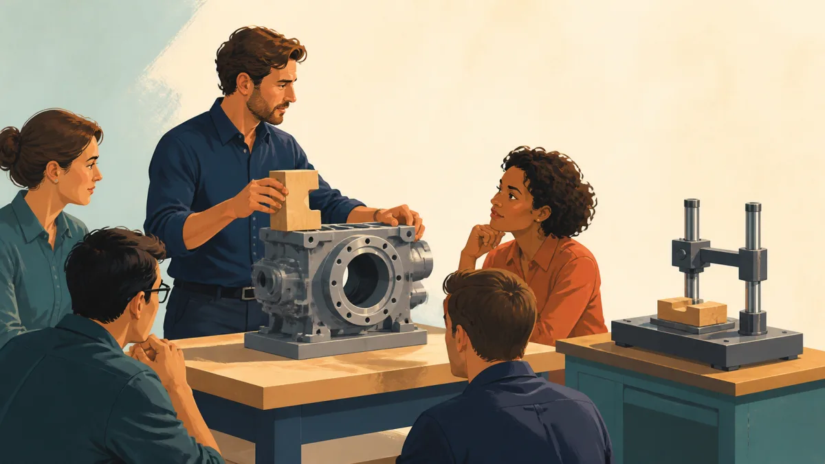 A professional offers a roughly fitted wooden component while a precision jig waits to verify it