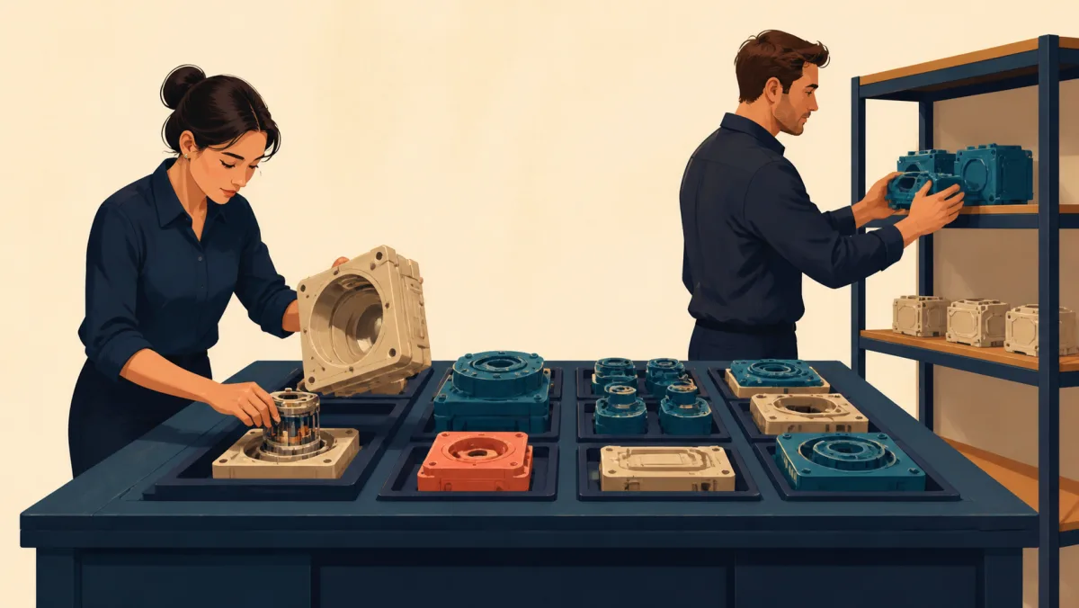 One professional keeps the essential core of a large assembly while another moves existing work to a storage shelf