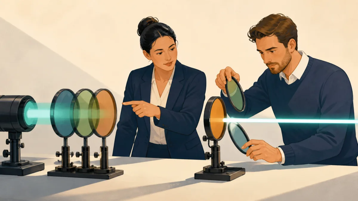 A reviewer points to stacked optical filters while a writer removes two and keeps one necessary filter