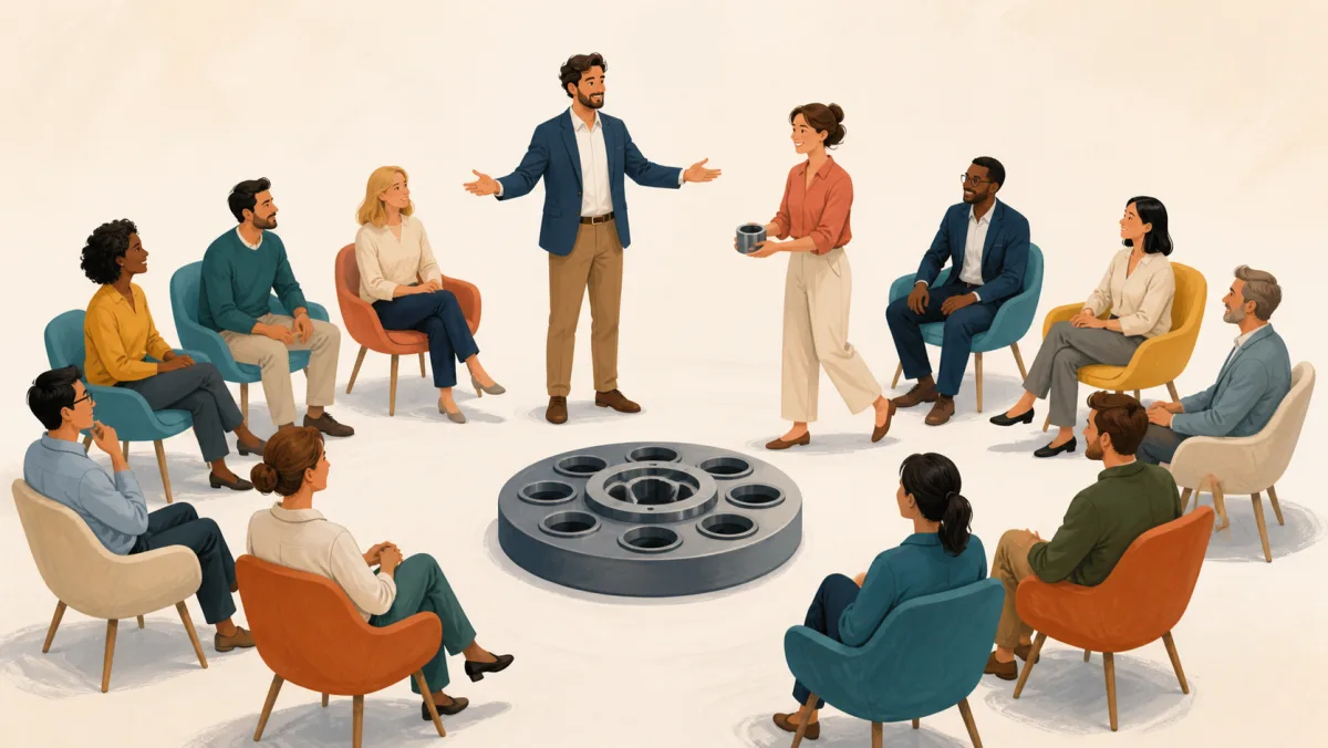 A facilitator opens a discussion to the whole circle as one participant freely brings forward a component