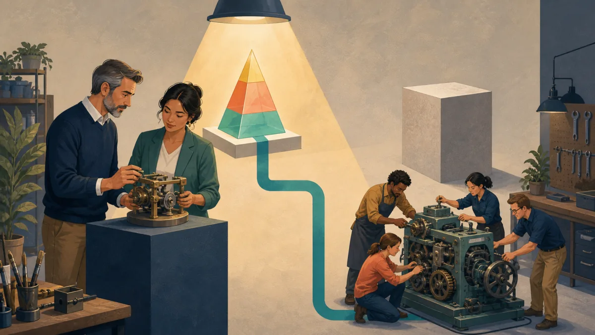 A mentor and professional examine a guiding prism whose teal route ends at a machine used by a working team