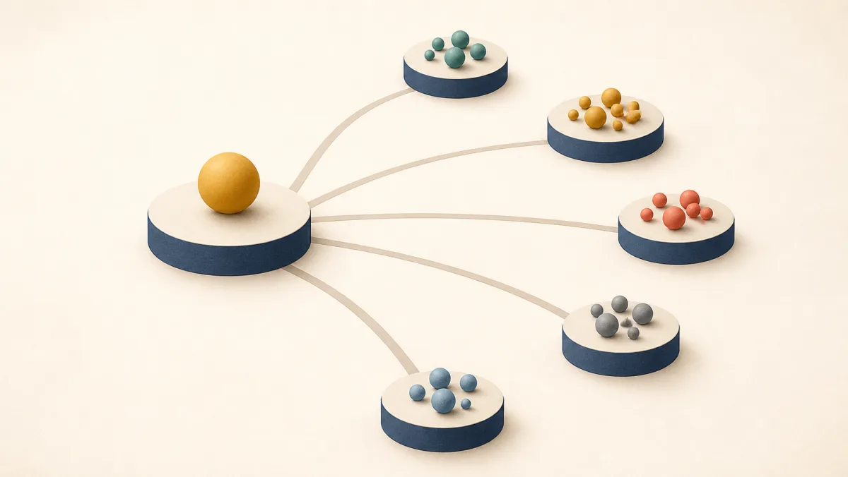 An analyst presents one large teal result above an orderly transparent rack of supporting metal pieces