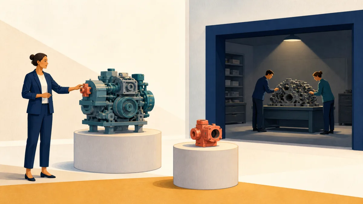 A presenter touches one small component while a complex assembly remains reserved in a separate work bay