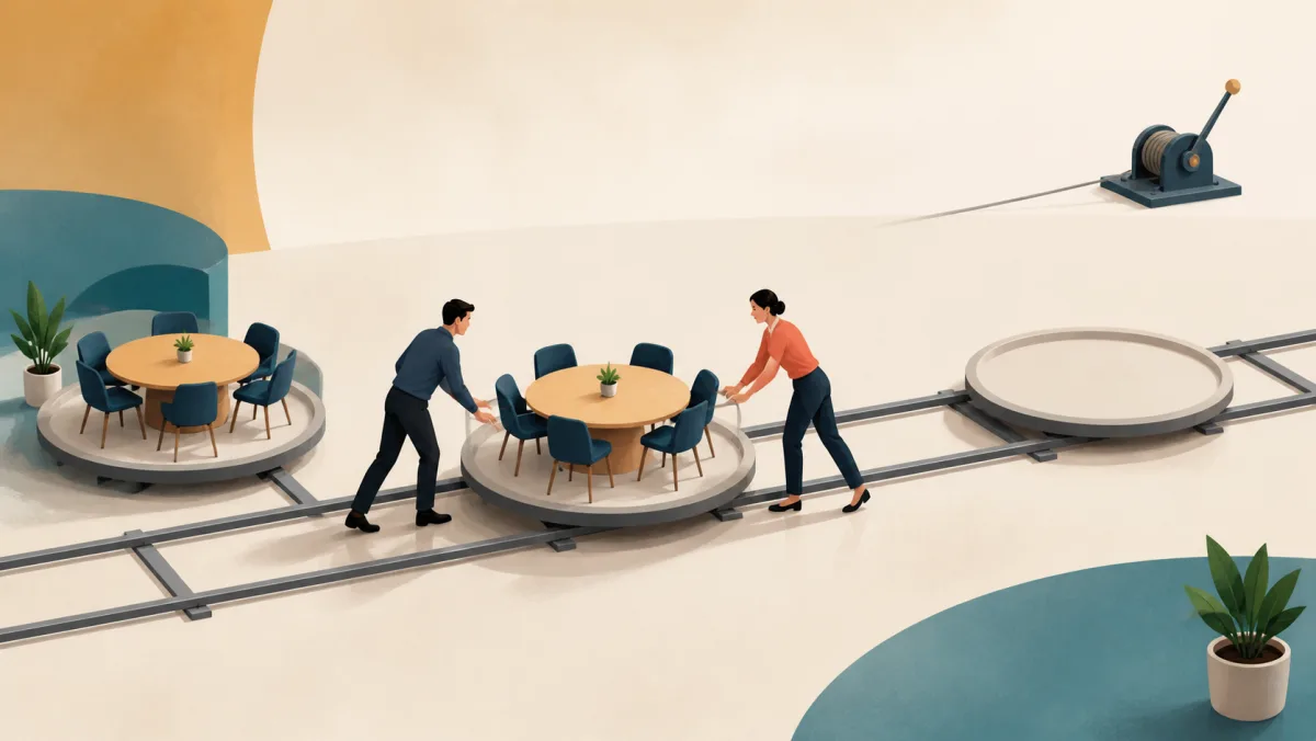 Two professionals move a complete circular meeting table module along a straight scheduling rail