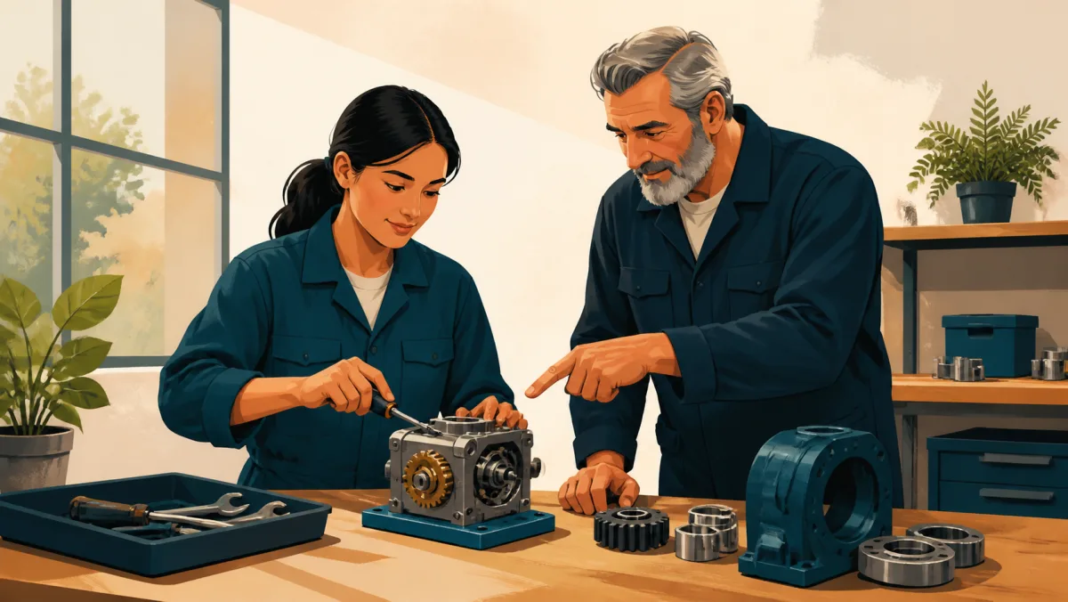 A junior professional leads work on a bounded mechanical assembly while a senior colleague collaborates beside her