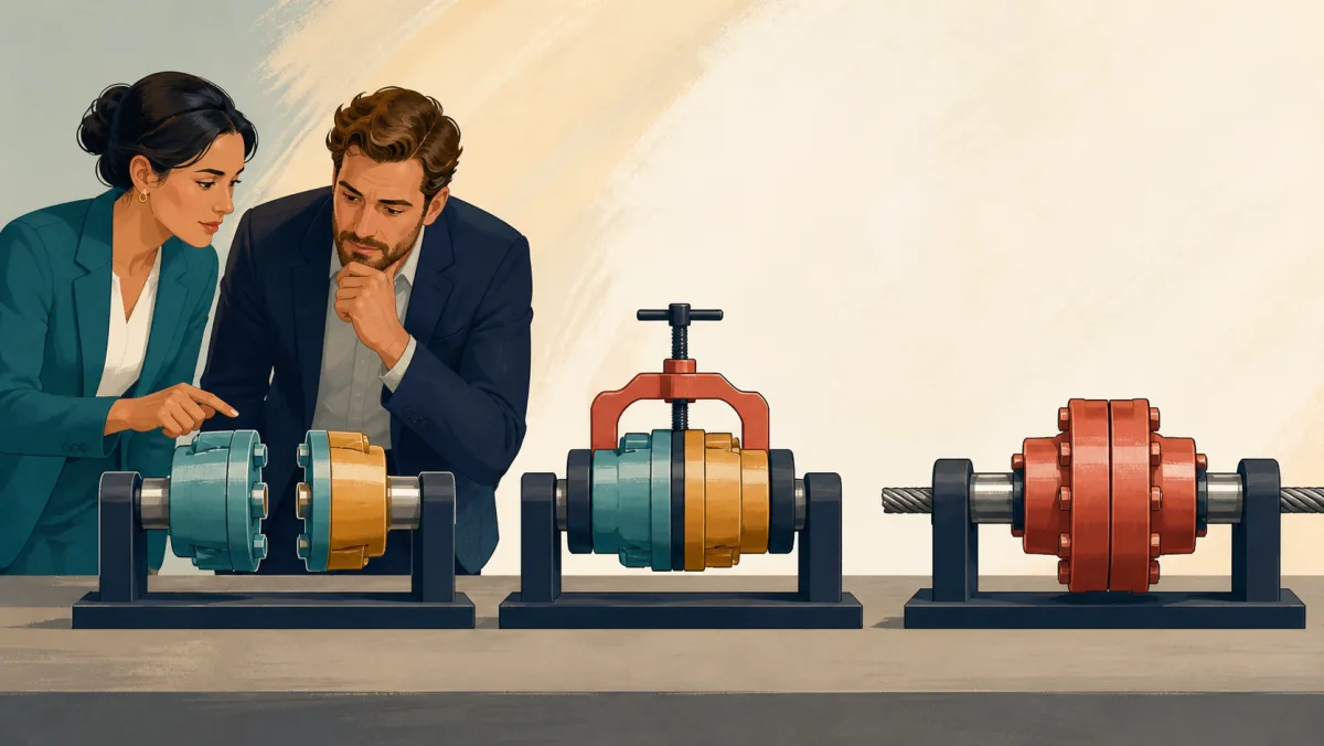 Two professionals compare loose aligned parts, a clamped review stage, and a fully locked coupling under tension