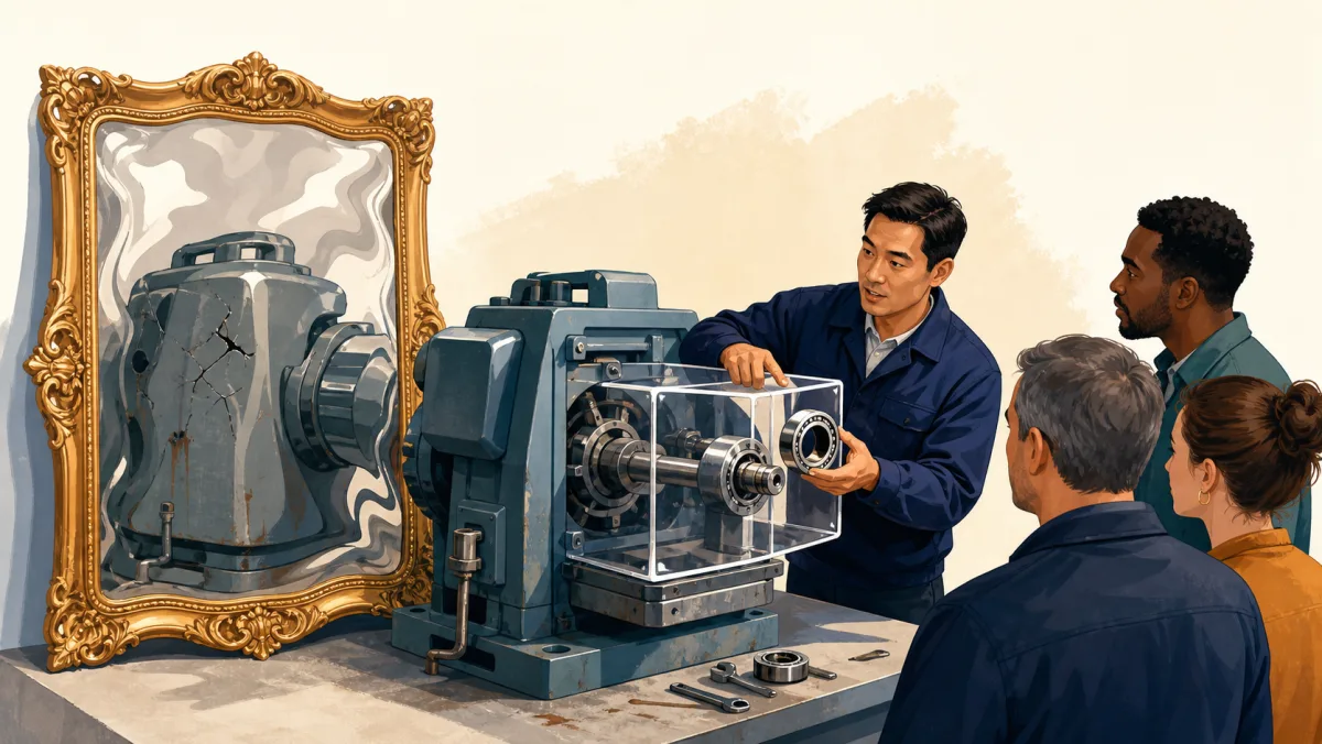 A professional demonstrates a repaired component through clear housing beside an ornate distorted reflection of the machine