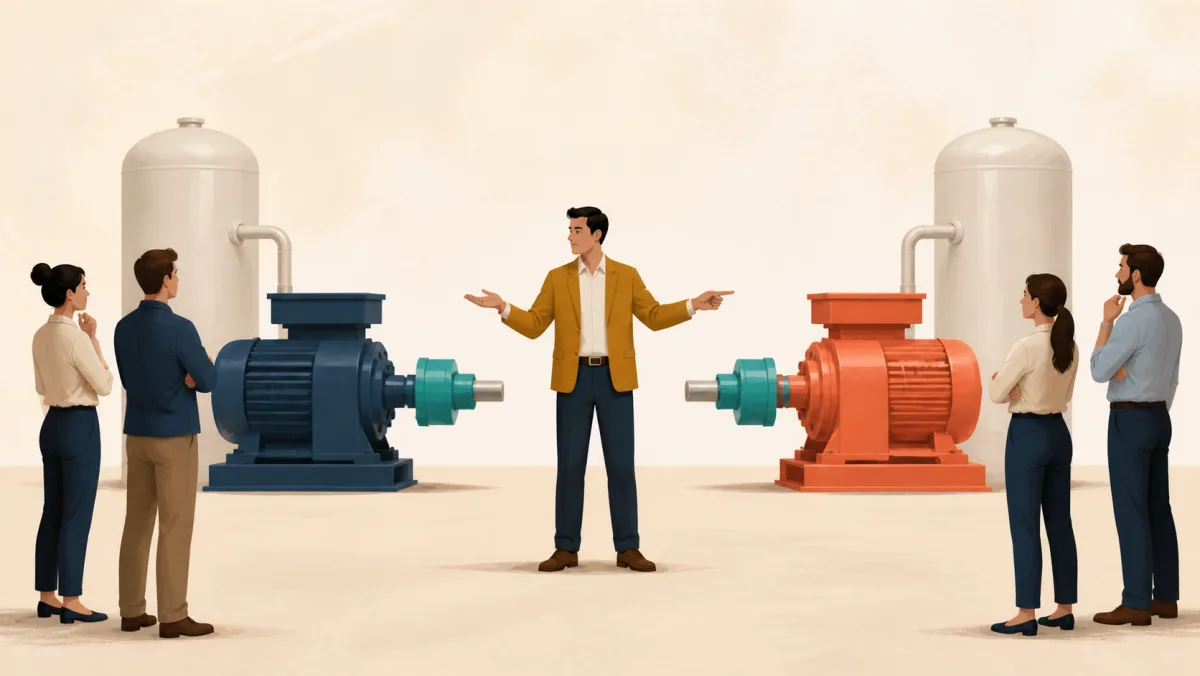 A decision owner stands between two separate machines whose identical teal couplings connect them to matching output vessels