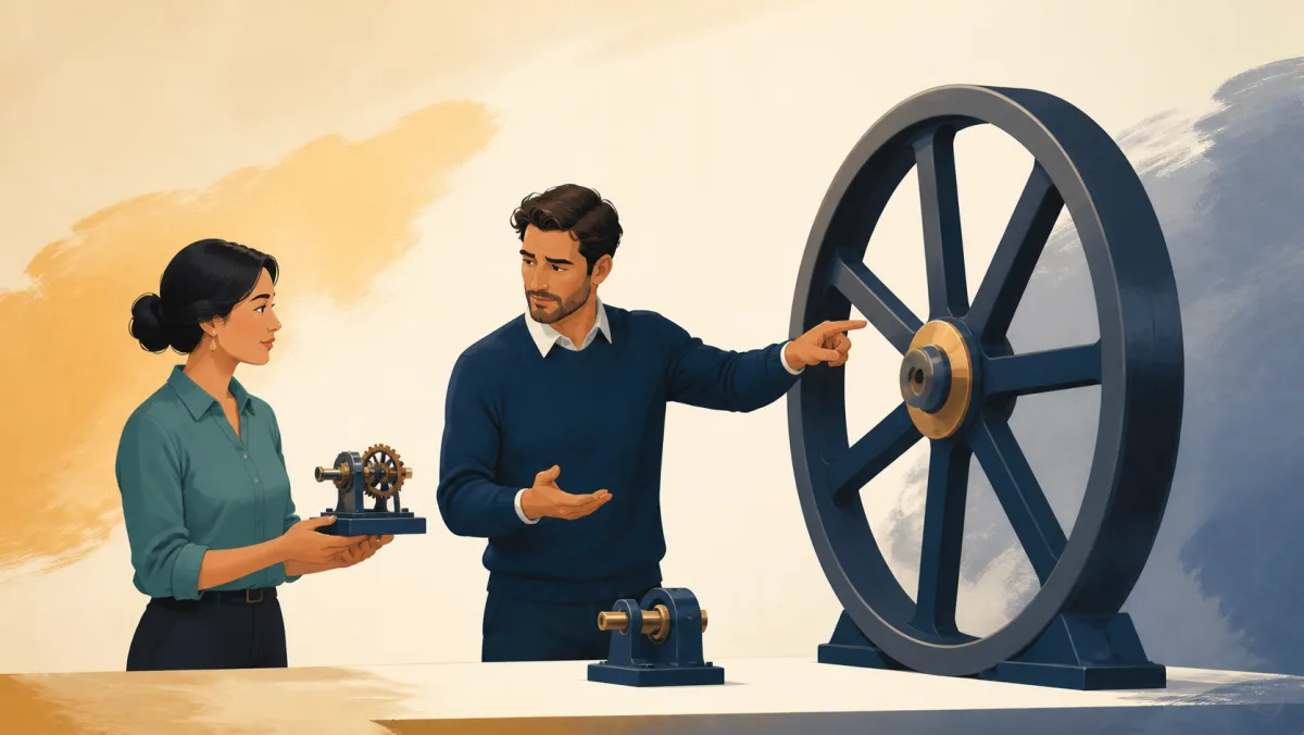 A professional points to a large outcome wheel while a colleague holds a small proposed mechanism and a test coupling waits nearby
