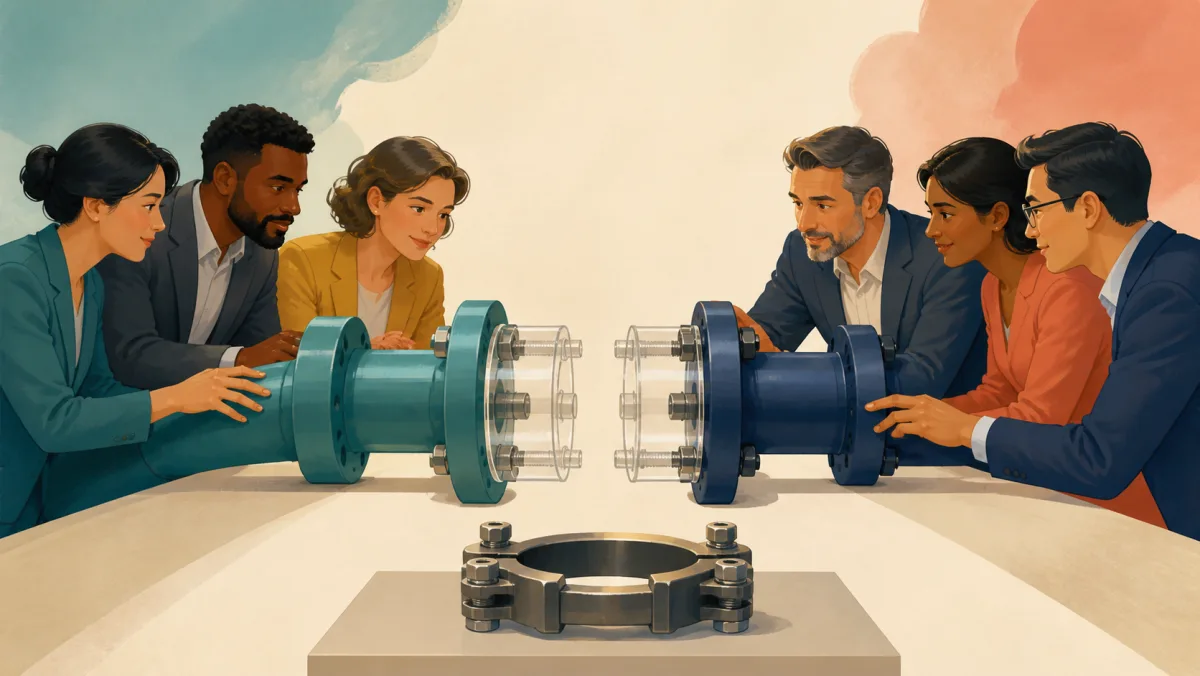 Two teams examine a loose transparent temporary coupling while a final locking clamp waits in front of them