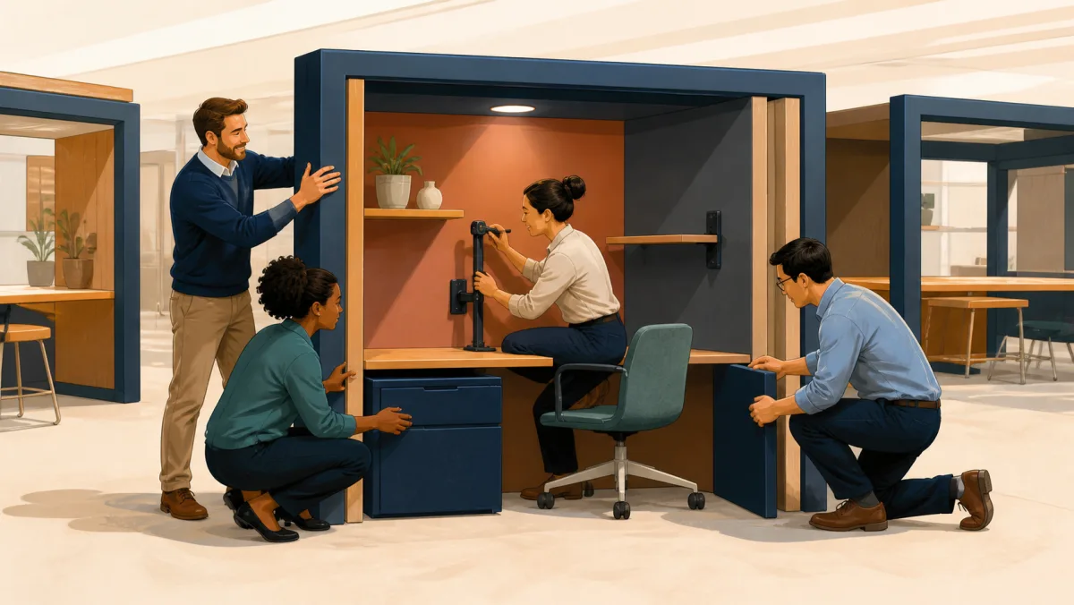 A professional builds a workspace niche while a manager holds its frame and teammates provide components