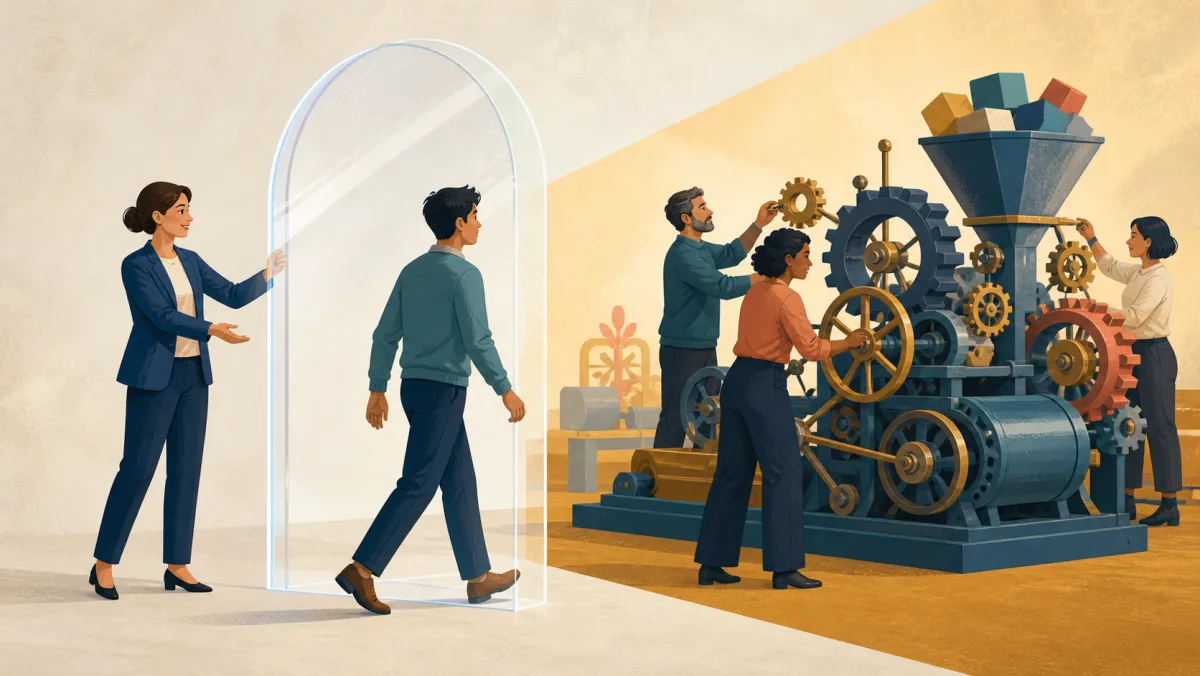 A manager opens a transparent gateway for a developing professional to join colleagues working on a new mechanism