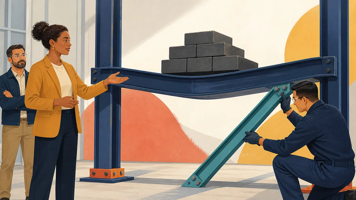 A bowed load-bearing beam is supported by a teal reinforcement brace while professionals inspect the stressed structure
