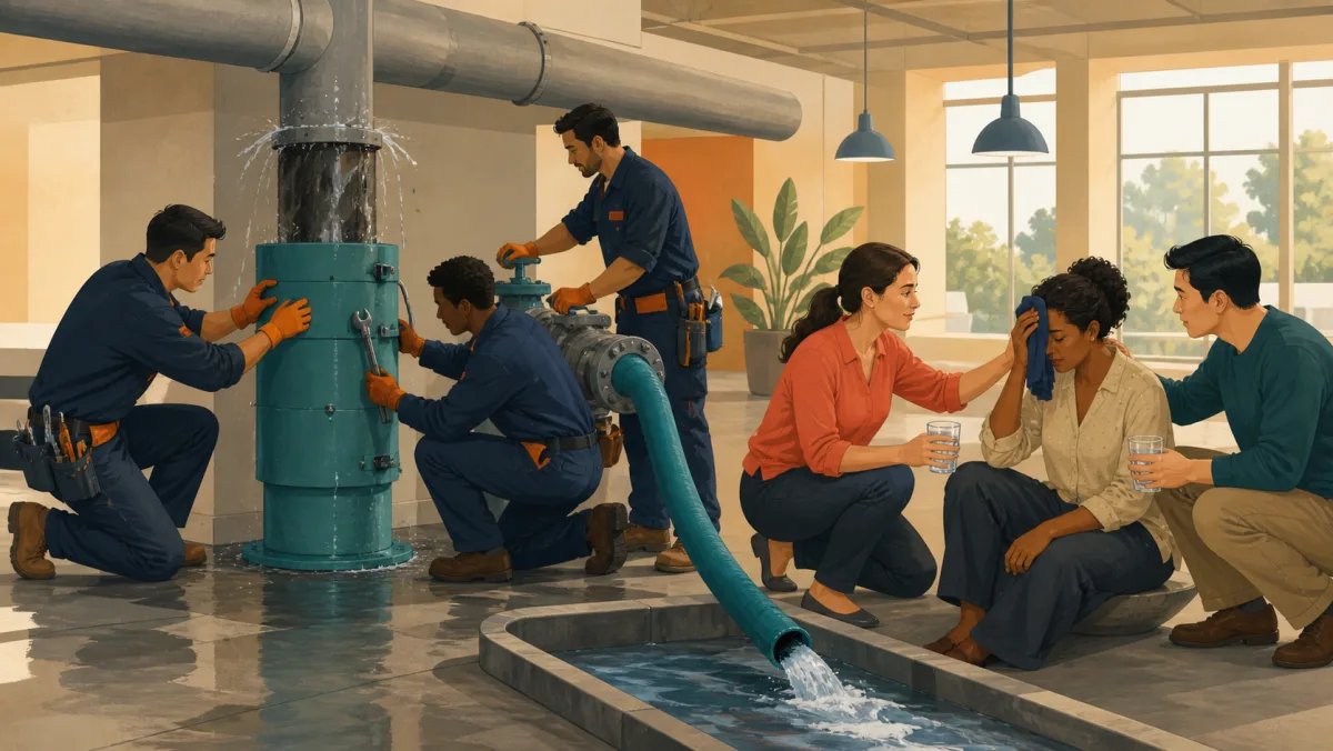 A response team contains a leaking pipe while colleagues provide direct support to an affected professional