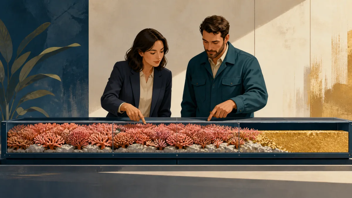 Two professionals inspect added coral growth occupying a fixed frame and leaving a thinner gold reserve