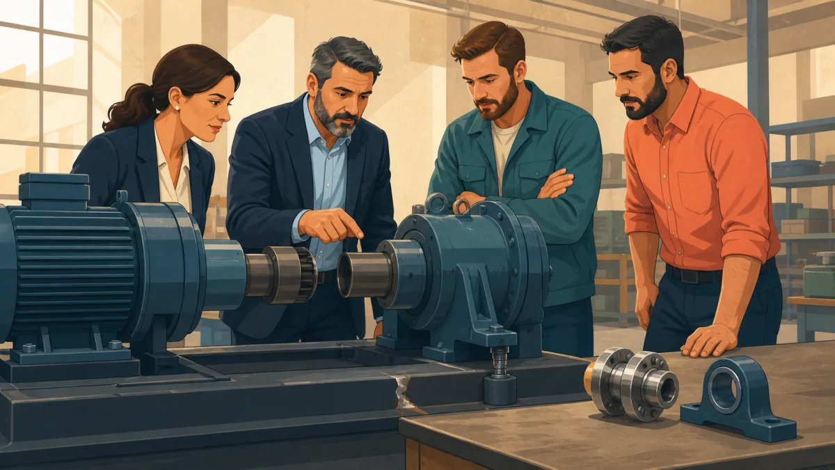 A buyer and vendor team inspect a disconnected machine coupling while correctly fitted replacement parts wait nearby