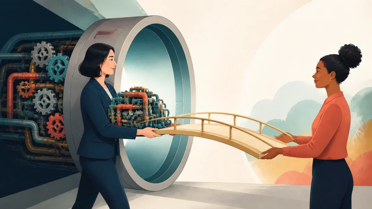 A complex internal mechanism passes through a transformation chamber and becomes one smooth client handoff bridge