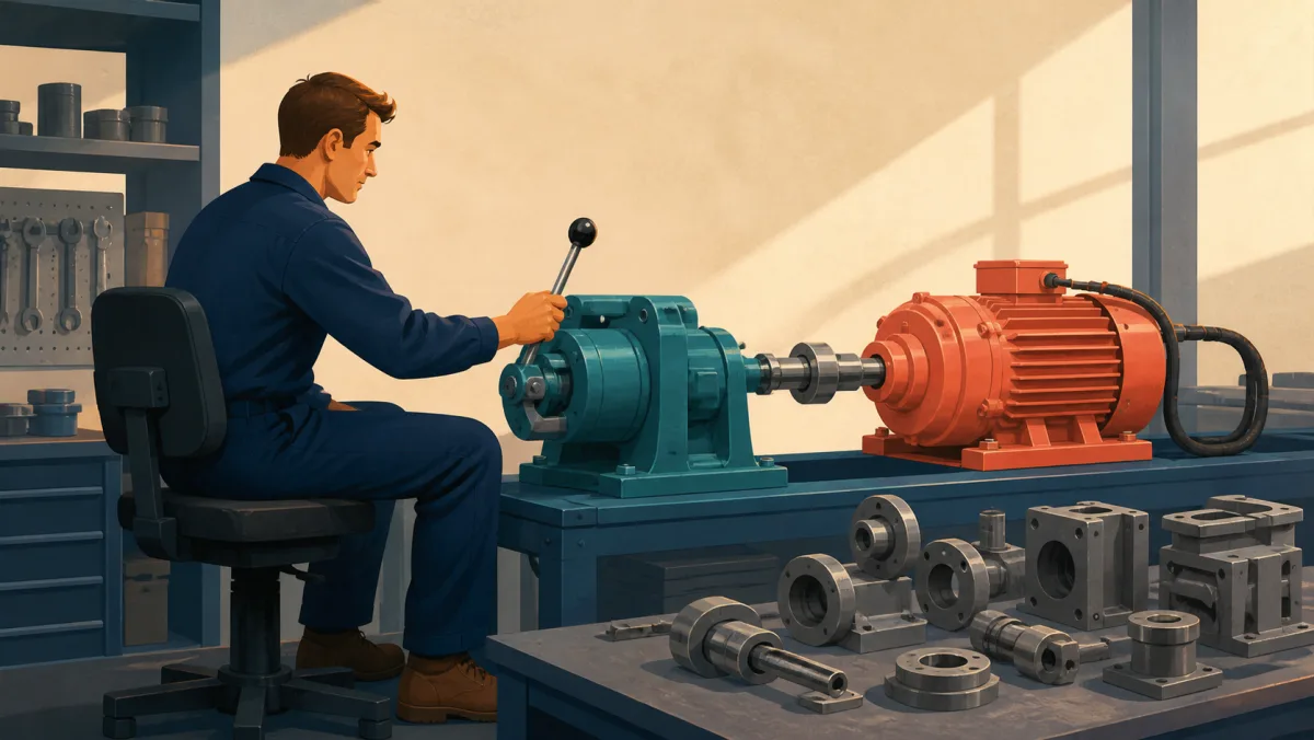 A professional operates a teal mechanism whose lever and coral power unit are fully connected while loose parts remain inert