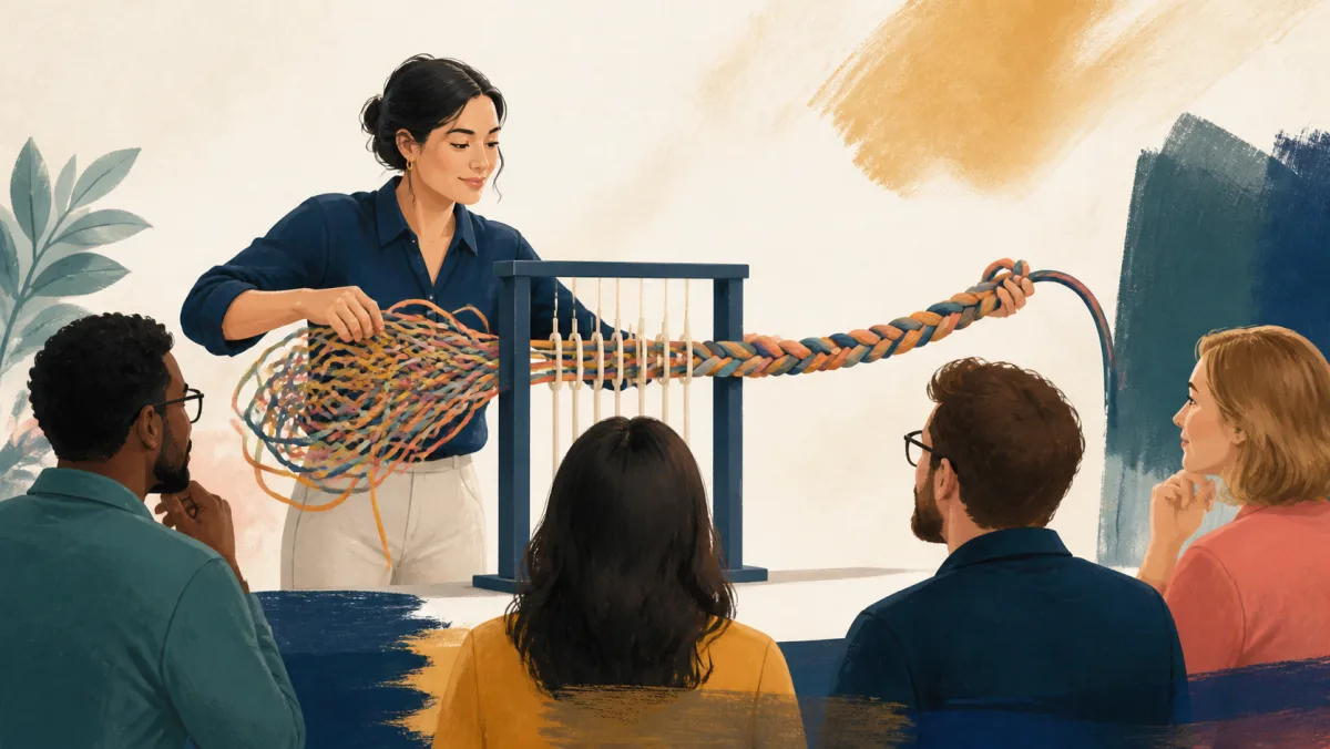 A professional feeds tangled colored strands through an organizing frame where they emerge as one clear braid