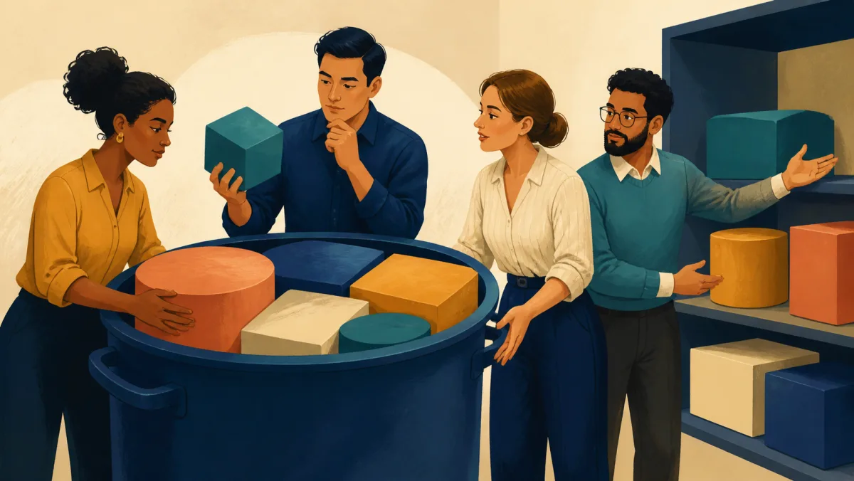 A team considers one more component beside a capacity vessel already filled with fitted blocks