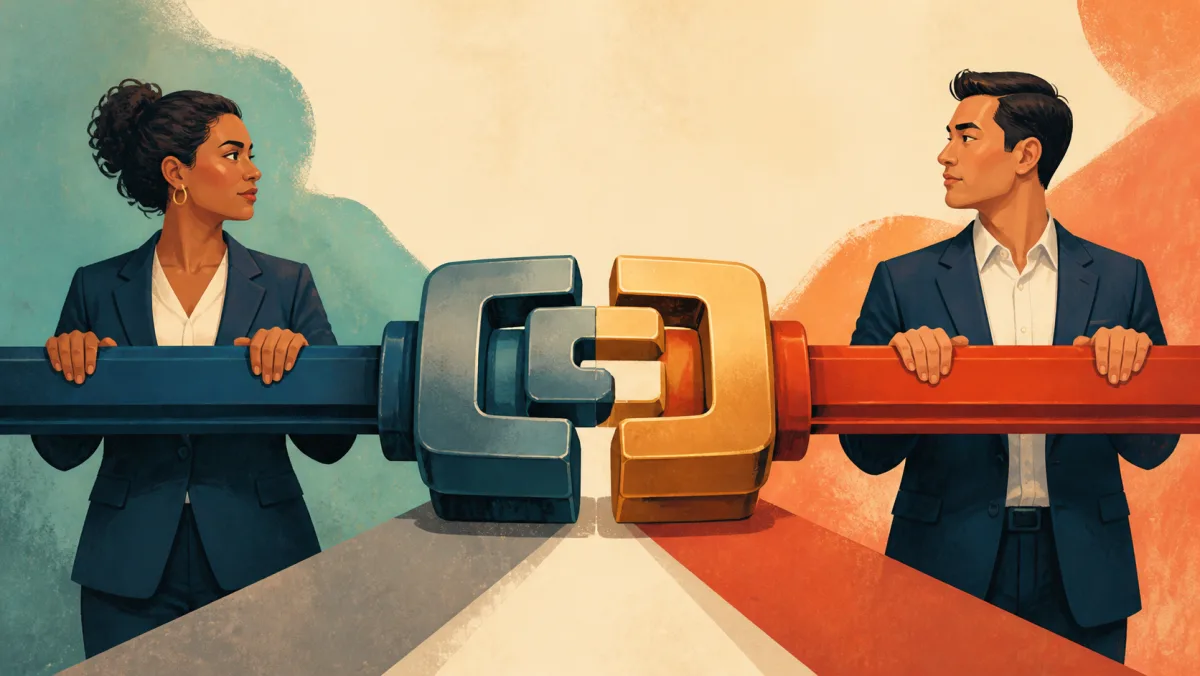A sturdy central clamp locks together the separate rails held by two professional parties