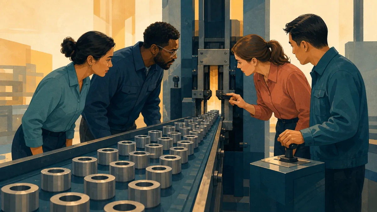A team inspects a narrow mechanical passage where many identical work components have accumulated