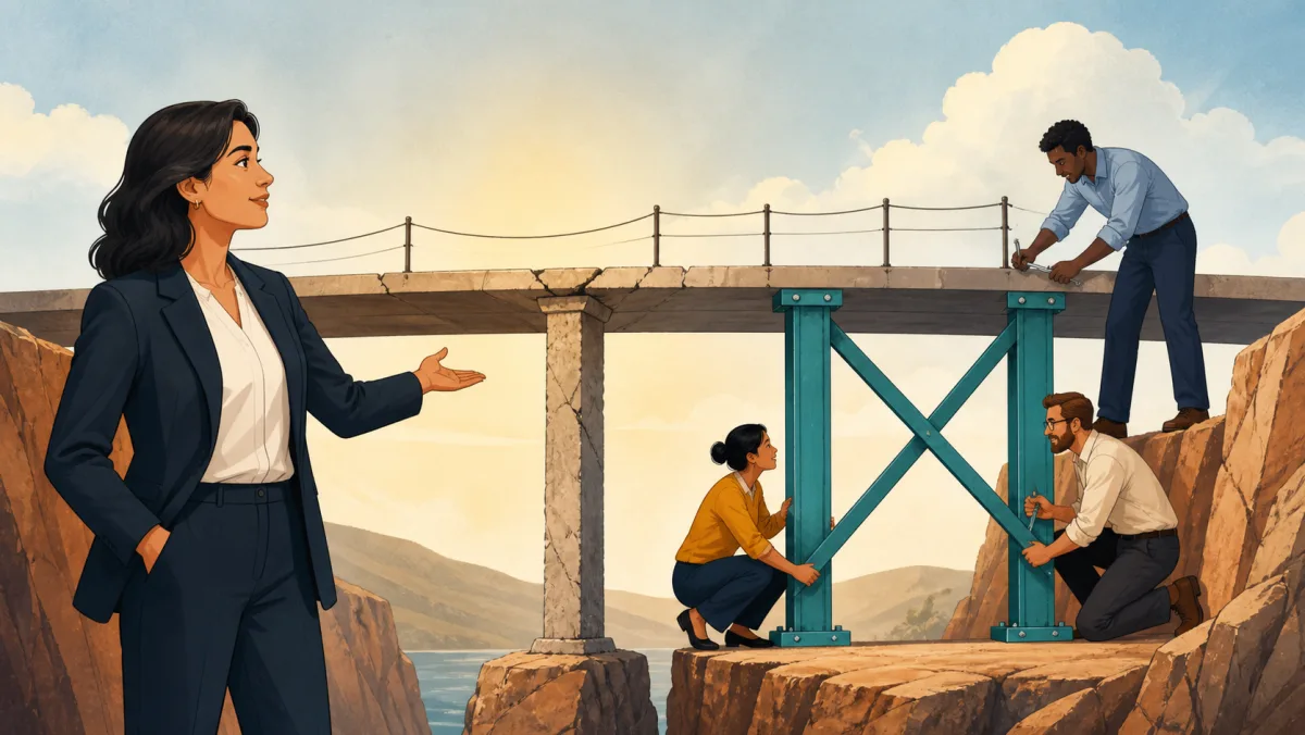 A team installs crossed teal supports beneath a cracked bridge while a professional presents the repair