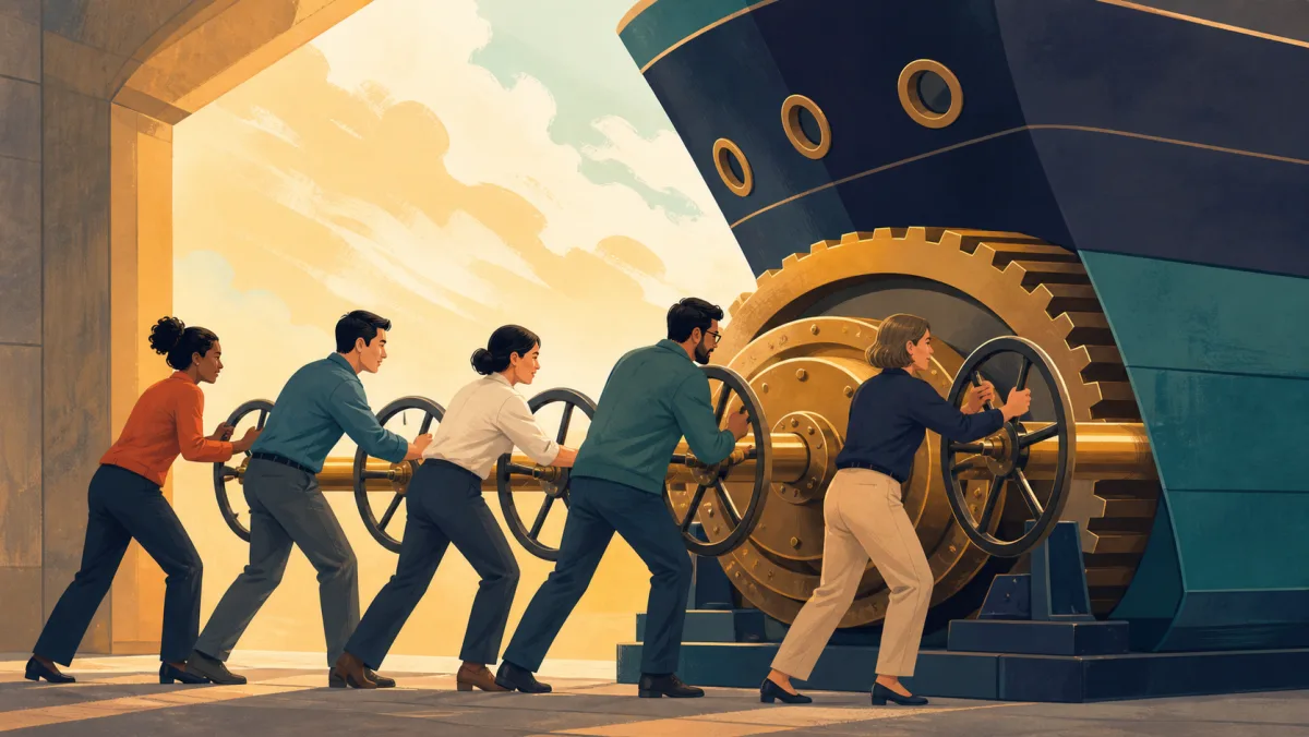 Five professionals engage separate handwheels together to bring a large approved mechanism into motion