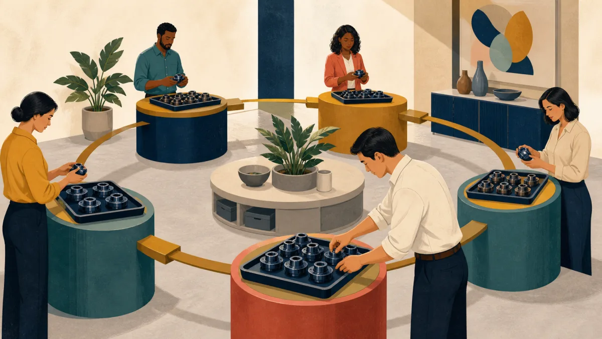 Professionals maintain matching components at evenly spaced stations around a continuous circular workflow