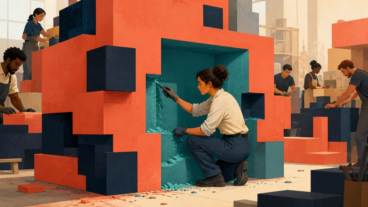 A professional deliberately cuts a teal workspace alcove from a dense structure amid competing projects