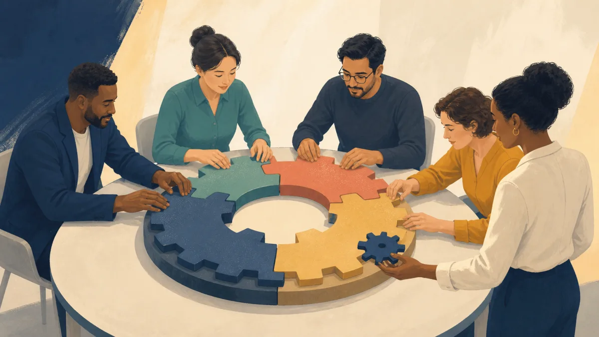 A colleague adds one small fitted gear to a collaborative mechanism already being assembled by a team