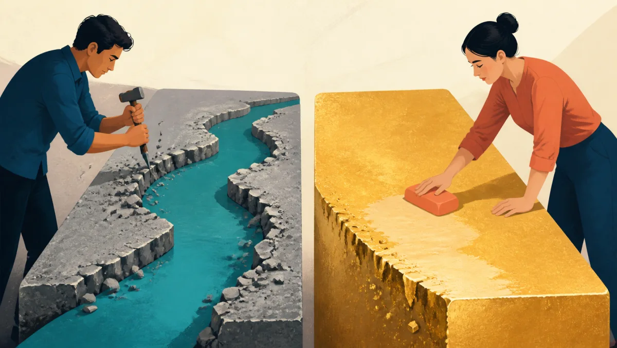 One professional chips a path through a gray block while another gradually wears down a valuable gold surface