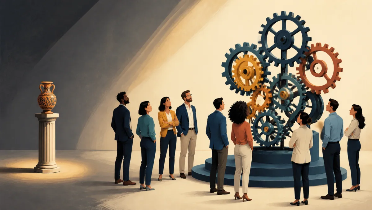 A professional audience gathers around an interlocking evidence mechanism while a decorative object sits apart