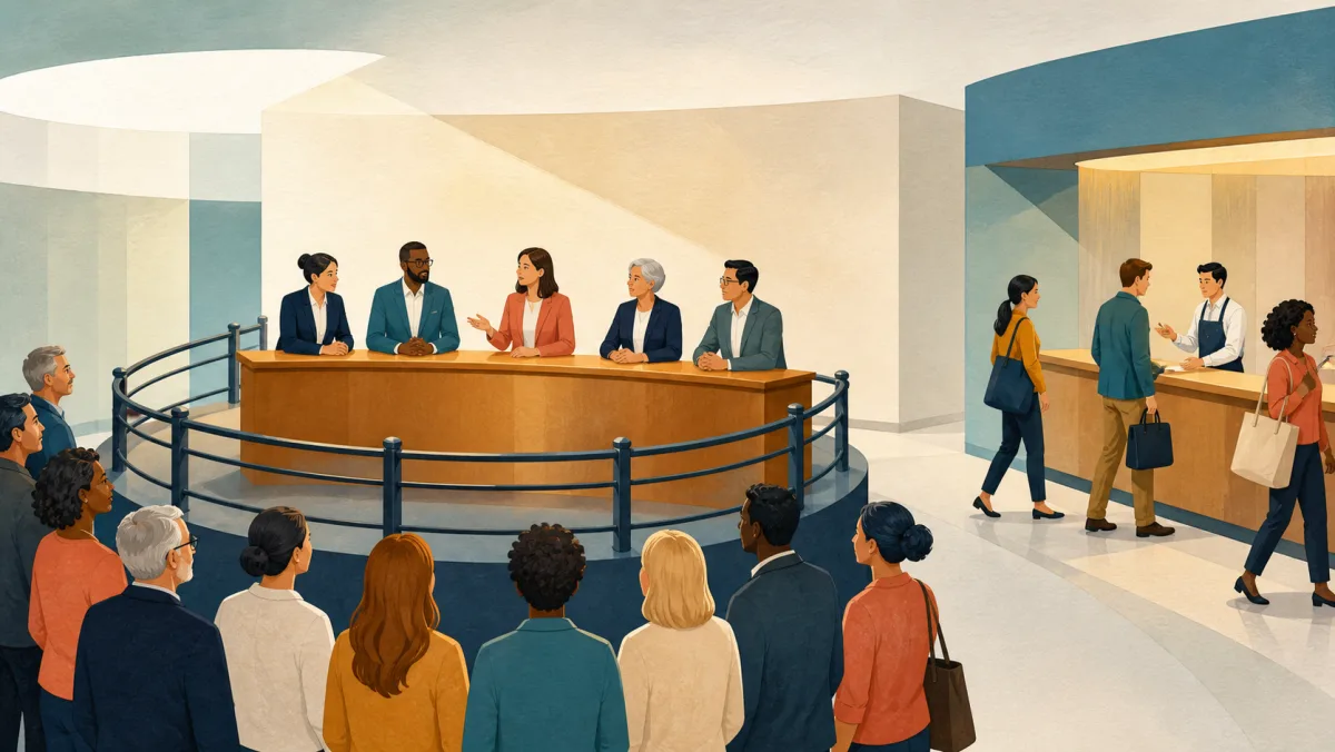 Representatives face the people connected to their service platform while shoppers use a separate retail counter