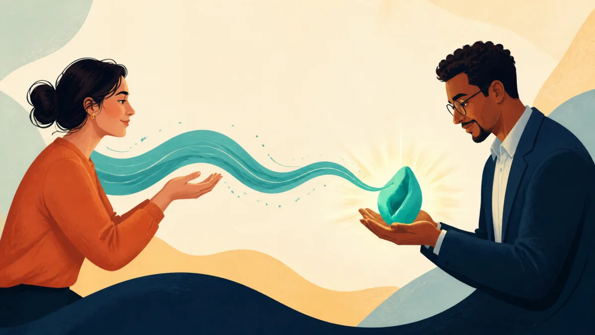 A teal signal travels from one professional and arrives intact as an activated form in another's hands