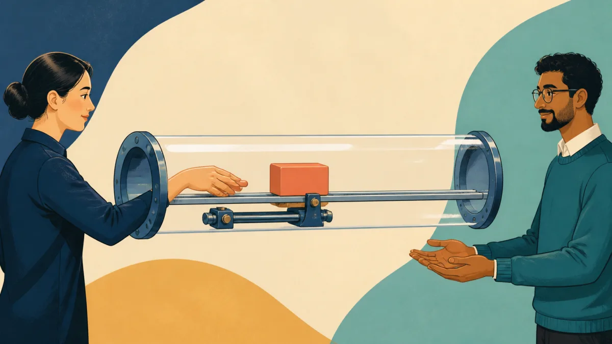 One coral cargo component travels along a guided rail inside a transparent conduit toward a recipient