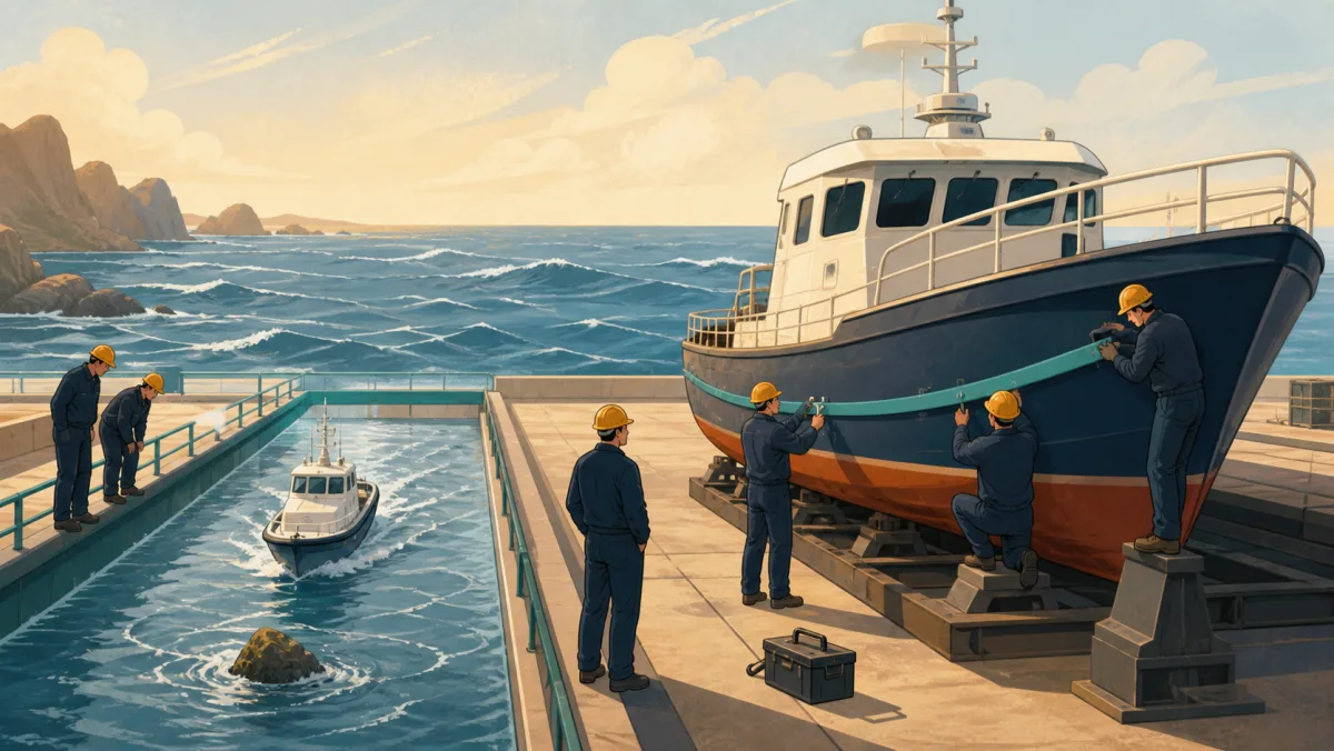 A rehearsal vessel passes a discovered rock while a team installs a teal protective rail on the full-size vessel